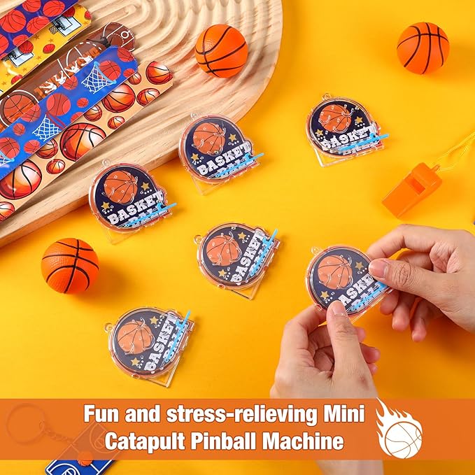 Party Favors Set with Cup Straw Cup Sleeve Bouncy Ball Mini Pinball Machine Keychain Sticker Clap Bracelet Tag for Sport Reward Birthday Gift Party Supplies(195 Pcs,Basketball)