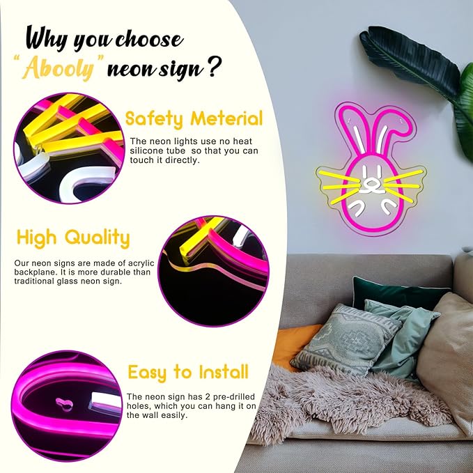 Easter Bunny Neon Sign, LED Dimmable Pink Easter Rabbit Bunny Neon Light for Wall Decor Neon Light Sign for Bedroom Bar Party Home Decor Kid Gift(11 * 13.3in)