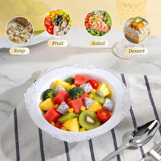 100 Pack White Plastic Bowls with Silver Relief Rim, 12oz Plastic Salad Bowl, Disposable Bowls for Party, Dinners, Weddings, Christmas, Thanksgiving, Valentine's Day
