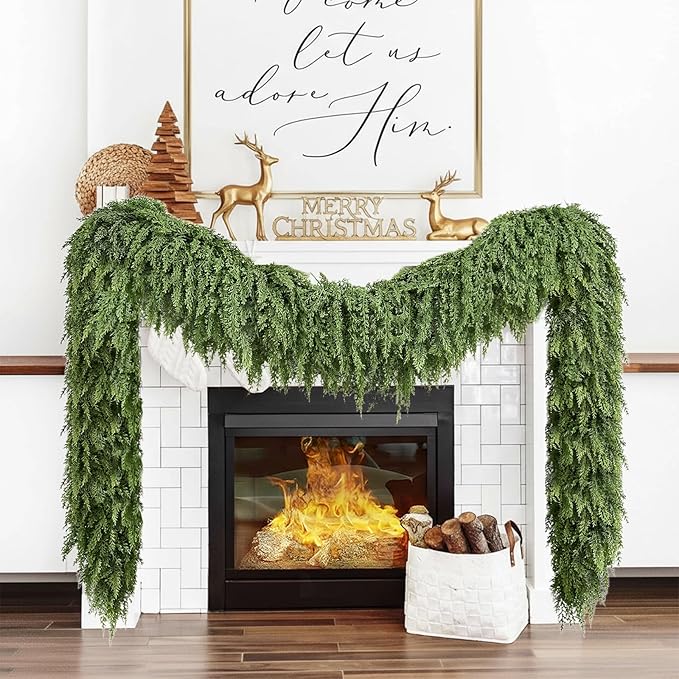 Cedar Christmas Garland for Mantle - Decorations with Lights 9 ft Realistic Lighted Faux Pine Garlands for Xmas Stairs Railing Fireplace Prelit Home Decoration Indoor Outdoor 9ft Garland Door Decor
