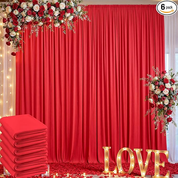 30ft x 10ft Wrinkle Free Red Backdrop Curtain for Parties, 6 Panels 5×10ft Silky Polyester Red Photo Backdrop Drapes Back Drop Cloth for Birthday Theme Party Wedding Photography Background