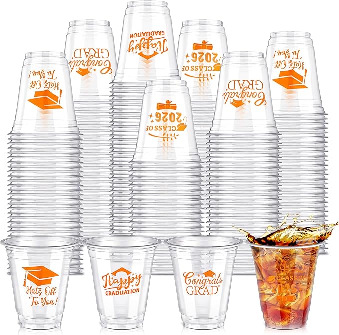 Eaasty 100 Pcs 12oz Graduation Cups 2026 Disposable Plastic Cups for Class of 2026 Graduation Party Congrats Grad Elegant Party Supplies Tableware Decorations (Orange)
