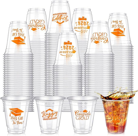 Eaasty 100 Pcs 12oz Graduation Cups 2026 Disposable Plastic Cups for Class of 2026 Graduation Party Congrats Grad Elegant Party Supplies Tableware Decorations (Orange)