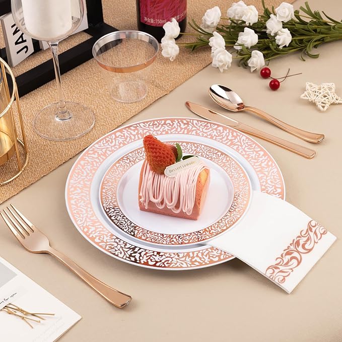 350PCS Rose Gold Plastic Dinnerware Set for 50 Guests, Disposable Plates for Party, Wedding, Include 50 Rose Gold Dinner Plates, 50 Dessert Plates, 50 Set Silverware, 50 Cups, 50 Napkins
