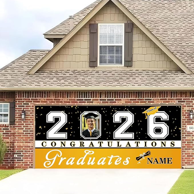 Custom Photo Graduation Garage Door Banner Personalized 2026 Grad Banner 7x16ft Porch Door Sign Decoration Outdoor Photo Booth Backdrop Party Supplies(Yellow)