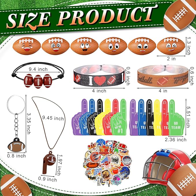 Maxdot 194 Pcs Football Party Favors 24 Set Football Goodie Foam Finger Mini Face StressBall Keychain Bracelet Wristband Whistle Sticker for Kids Birthday Party Supplies Gift