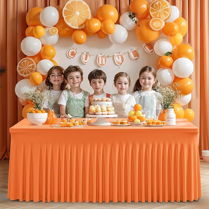 2 Packs Orange Table Clothes for 8 Foot Rectangle Tables, One-Piece Wrinkle Resistant Stretch Spandex Table Covers with Skirt for Event Banquet Wedding Birthday Party