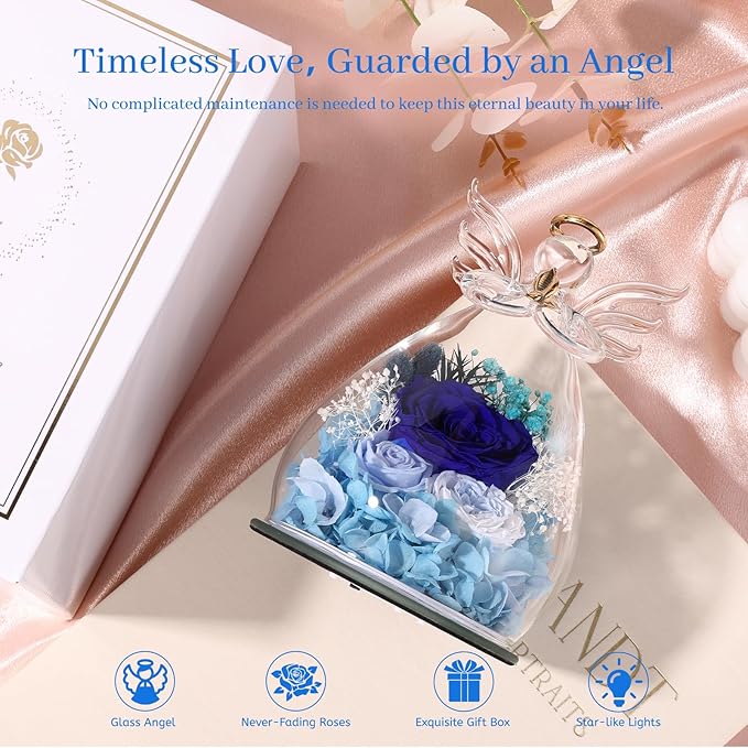 Flowers for Delivery, Valentines Day Decorations Birthday Gifts for Mom Grandma Women, Preserved Rose Forever Flower in Glass Angel Figurines Real Fresh Bouquet for Wife Sister Her Daughter