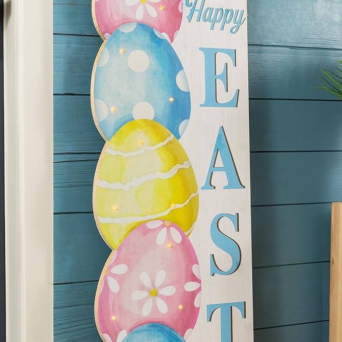 Glitzhome 42" Lighted Wooden Easter Porch Sign with Timer, Stacked Eggs Vertical Welcome Sign for Front Door Indoor Outdoor Spring Easter Party Decor