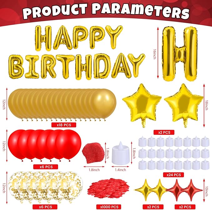 Gold Happy Birthday Balloons Decorations Red and Gold Birthday Balloon Letters Banner with 6 Pcs Star Balloons Red Artificial Rose Petals 24 Flameless LED Candles for Room Golden Bday Party Supplies
