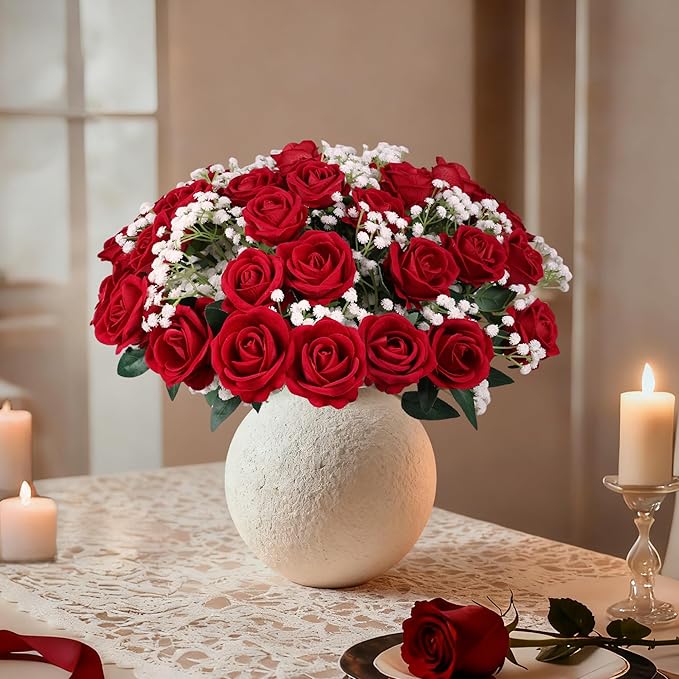 HyeFlora 35 PCS Artificial Red Roses with 15 PCS Fake Baby Breath Realistic Fake Flowers Bouquet with Long Stem for DIY Wedding Party Home Decoration Vase Tables Centerpieces Arrangements Gift for Her