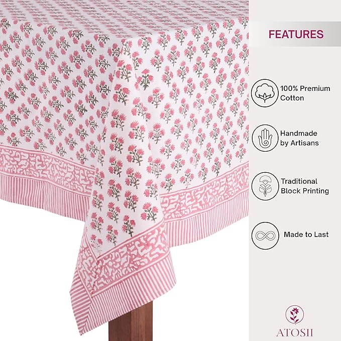 ATOSII Gulbahar White Pink 100% Cotton Fall Rectangle Tablecloth, Handblock Print Floral Table Cloth for Kitchen Dining Linen I Thanksgiving Christmas Weddings Outdoors I 72 X 108 Inches I 8 Seater