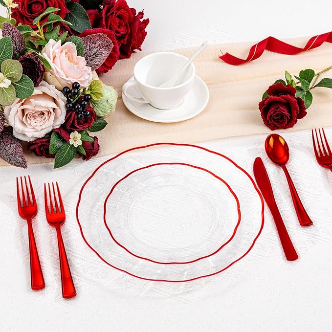 LIYH 700 Pcs Red Plastic Dinnerware Set for 100 Guests, Disposable Plastic Wavy Red Plates Include Dinner & Dessert Plates,Napkins,Cups,Cutlery for Party Valentine's Day and Mother's Day 100 Guests