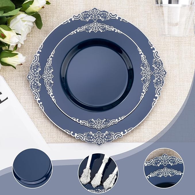 700PCS Navy Blue Plates for 100 Guests, Disposable Dinnerware Sets Include 100 Plastic Plates, 100 Silverwares, 100 Cups, and 100 Pre Rolled Napkins for Party, Wedding and Graduation