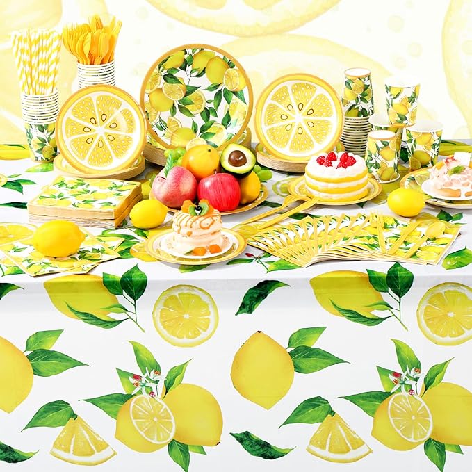 452 Pcs Lemon Party Decorations, Yellow Lemons Paper Plates Napkins Cups Tablecloth Cutlery Straws for Summer Fruit Theme Birthday Wedding Baby Shower Party Supplies, Serves 50