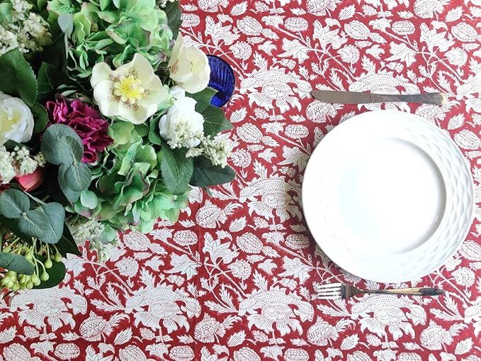 ATOSII Meraki Red 100% Cotton Tablecloth, Handblock Print Rectangle Table Cover for Kitchen Dining I Tabletop Linen I Thanksgiving, Christmas, Wedding, Fall Table Cloth 72 X 120 Inches I 10 Seater