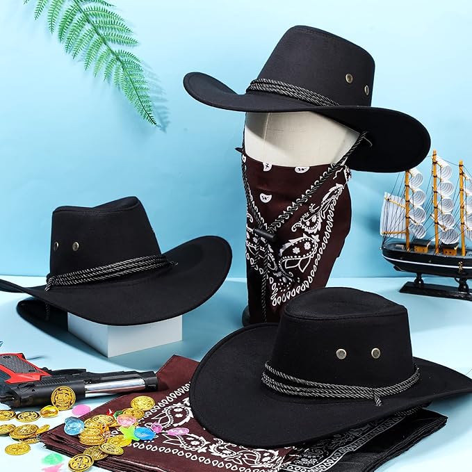 Coume 10 Set Cowboy Hat and Bandana for Women Men 10 Felt Cowgirl Cowboy Hat Bulk 10 Western Bandanas for Adult Costume Party