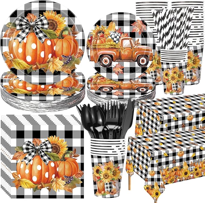 452 Pcs Fall Thanksgiving Party Decorations, Black White Buffalo Plaid and Orange Pumpkin Maple Leaves Paper Plates Napkins Cups Tablecloth Cutlery Straws for Autumn Harvest Party Supplies