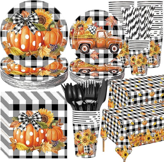452 Pcs Fall Thanksgiving Party Decorations, Black White Buffalo Plaid and Orange Pumpkin Maple Leaves Paper Plates Napkins Cups Tablecloth Cutlery Straws for Autumn Harvest Party Supplies