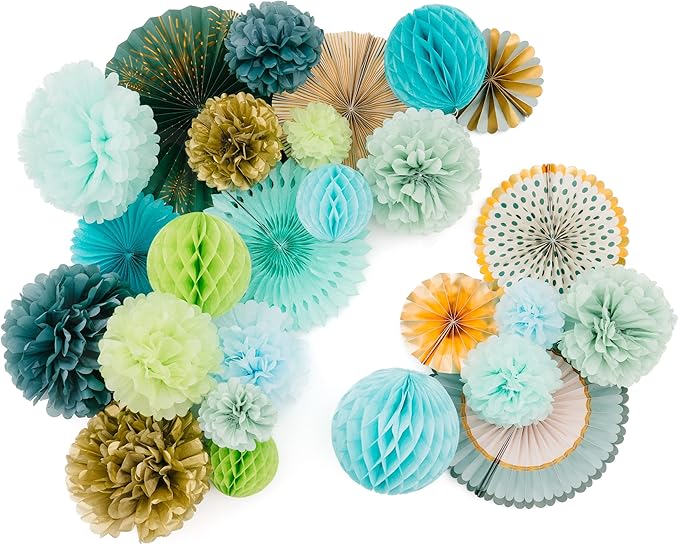 PapaKit Deluxe Origami Large Wall Decoration Set (Assorted Paper Fans & Pom-poms) Birthday Party Baby Shower Wedding Event Decor | Creative Art Design Pattern (Sage Green, Deluxe 26 Piece Set))