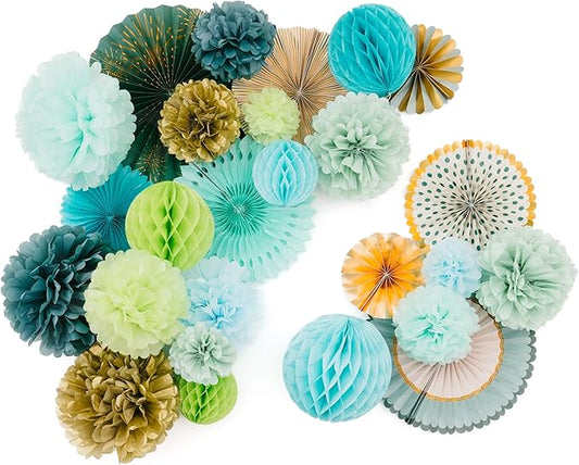 PapaKit Deluxe Origami Large Wall Decoration Set (Assorted Paper Fans & Pom-poms) Birthday Party Baby Shower Wedding Event Decor | Creative Art Design Pattern (Sage Green, Deluxe 26 Piece Set))