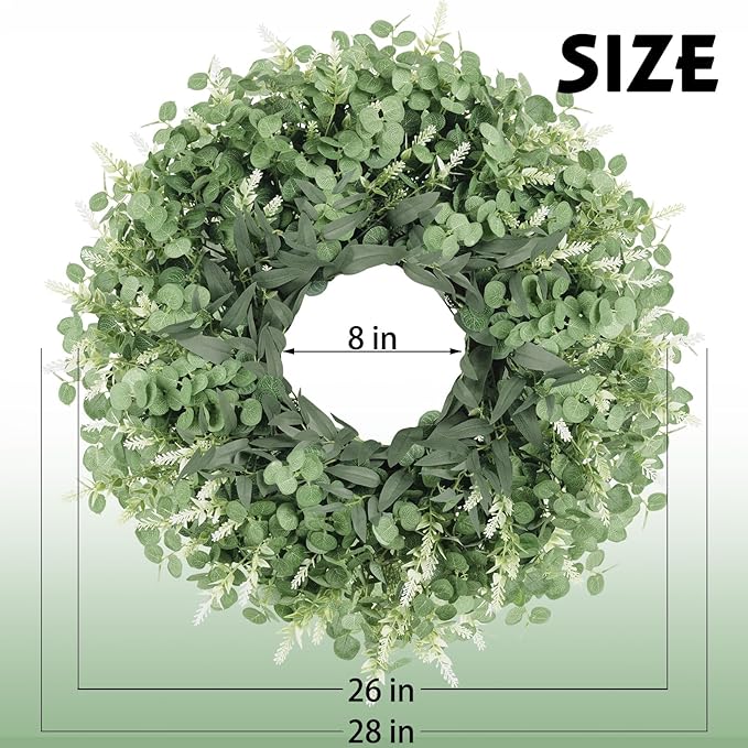 26 Inch Large Eucalyptus Wreath for Front Door, Porch, Window SpringWreaths Green Wreath Artificial Greenery Door Wreaths Decor for Outdoor Indoor Home Farmhouse Spring Summer Fall All Seasons