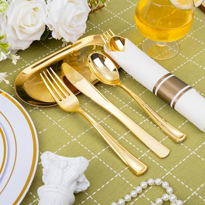 Nervure 400PCS Pre Rolled Gold Plastic Silverware Sets - Heavy Duty Gold Cutlery - Include 100 Pack Wrapped Disposable Utensils with Napkins for Parties, Dinners & Weddings