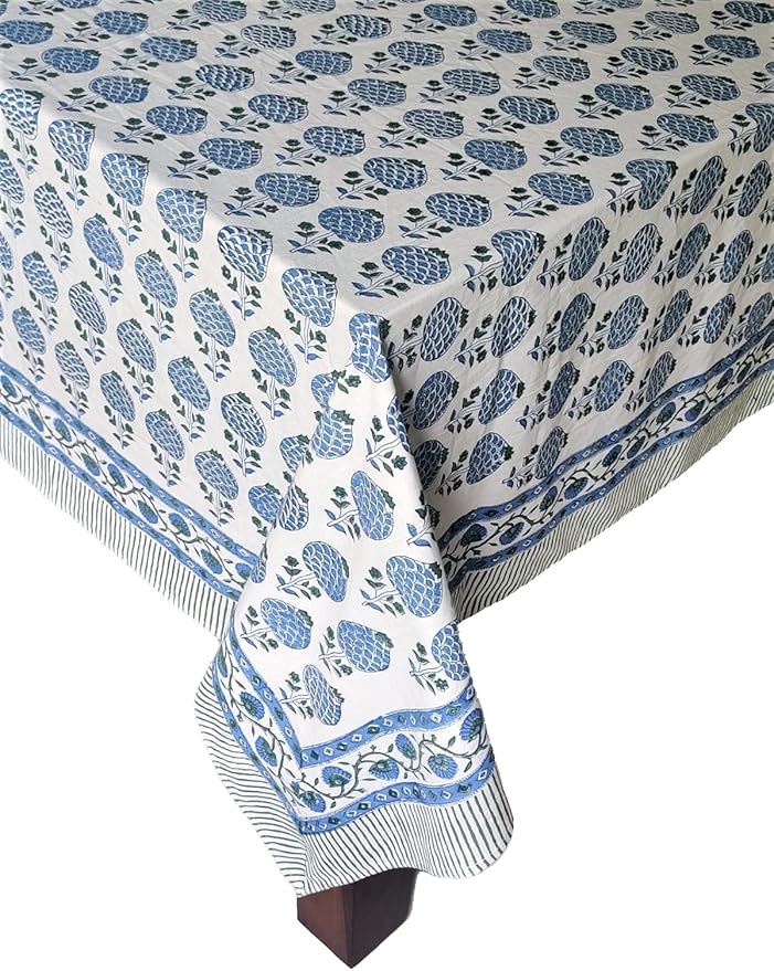 ATOSII Roma Blue 100% Cotton Boho Rectangle Fall Tablecloth, Handblock Floral Print Table Linen for Kitchen Dining I Parties, Outdoors, Weddings, Christmas, Thanksgiving I 72 X 120 Inches I 10 Seater