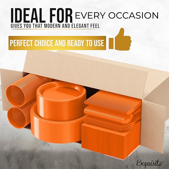 Party Solids 350 Pieces Orange Plastic Plates For Party, Orange Disposable Plates Set, 50 Of Each 9" Dinner Plate Set, 7" Dessert Plate, Cups, Napkins & Cutlery Plastic Dinnerware