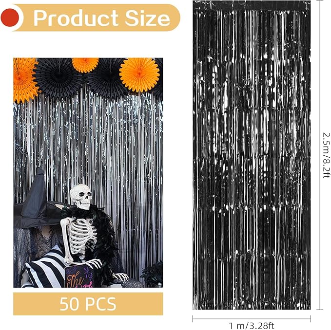 Black Foil Fringe Curtains 50 Pack 3.2ft x 8.2ft Fringe Backdrop Curtains Metallic Tinsel Streamer Photo Backdrop for Birthday Party Decorations Halloween Christmas Party Supply (Black)