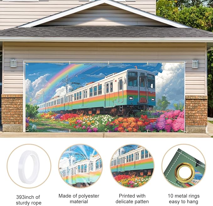 Train in the Spring Flowers Garage Door Banner 7x16FT, Colorful Train & Rainbow Outdoor Decoration for Garage Doors, Front Yard, and Seasonal Parties