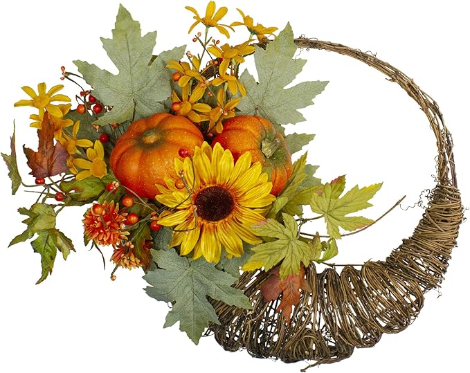 Cornucopia and Sunflower with Pumpkins Artificial Thanksgiving Wreath - 20-Inch, Unlit