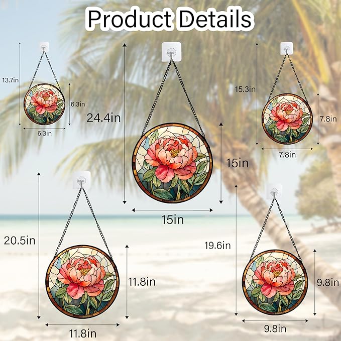 Stained Glass Window Hanging - Pink Peony Floral Suncatcher for Door Garden Yard Birth Flower Sun Catchers Decor Christmas Mother's Day Birthday Gifts for Women Mom Nana Wife Teacher 11.8 in