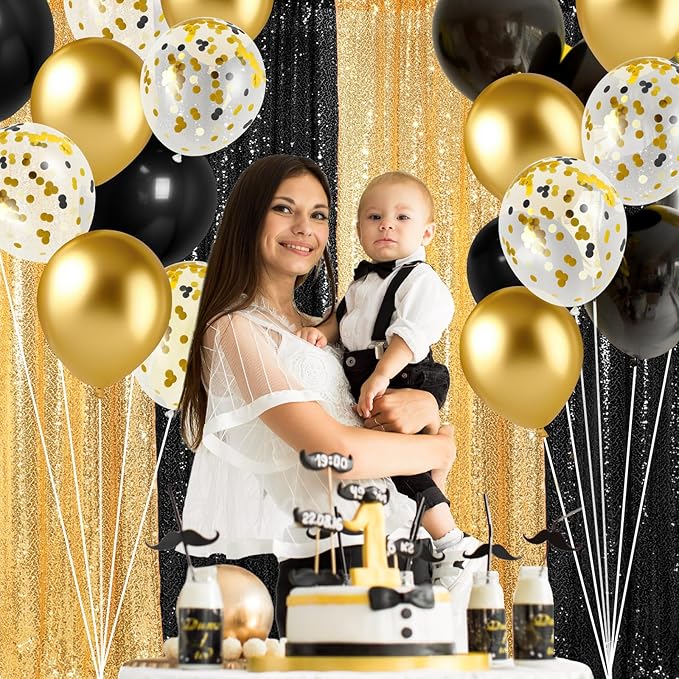 137 Pcs Black Gold Party Backdrop Kits - 4 Sequin Backdrop Curtain 133 Balloon Garland Kit Photo Prop Background for Graduation Birthday Anniversary Weeding Party Decoration