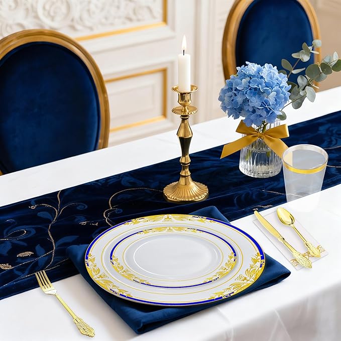 MENDENG 350pcs Plastic Plates for Party Plates Disposable Heavy Duty Platos Desechables Elegantes for Wedding Reception Thanksgiving Christmas Plates and Cups and Napkins and Gold Cutlery Sets