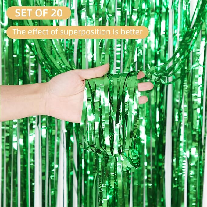 20 Pack Green Foil Fringe Curtains 3.2ft x 9.8ft Black Foil Curtain Backdrop Metallic Tinsel Curtains Streamer Photo Booth Backdrop for Birthday Party Engagement Bachelorette Party Decorations