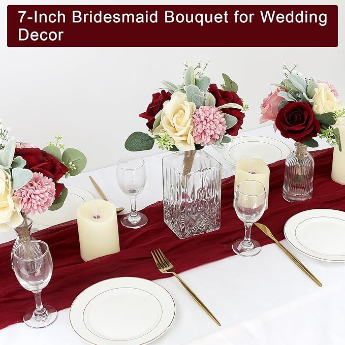 Set of 4 Artificial Bridesmaid Bouquets Blush & Burgundy -7 Inch Silk Rose Wedding Flower Bouquets for Bridesmaid Holding Flowers , Bridal Shower, Wedding Centerpiece Ceremony and Anniversary