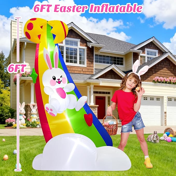 MICOCAH 6FT Tall Easter Inflatable Outdoor Decoration Cute Blow Up Bunny Sliding on Rainbow, Built-in LED Light Blowups Egg Yard Decor for Outside, Lawn, Patio, Garden, Spring, Holiday, Party
