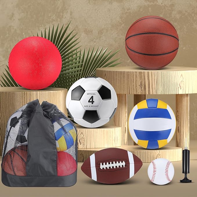 Deekin 12 Pcs Assorted Sport Ball Set for Kids Official Size Basketball Football Volleyball Soccer Baseball Playground Ball with Bag and Pump for Valentine's Kid Youth Gift