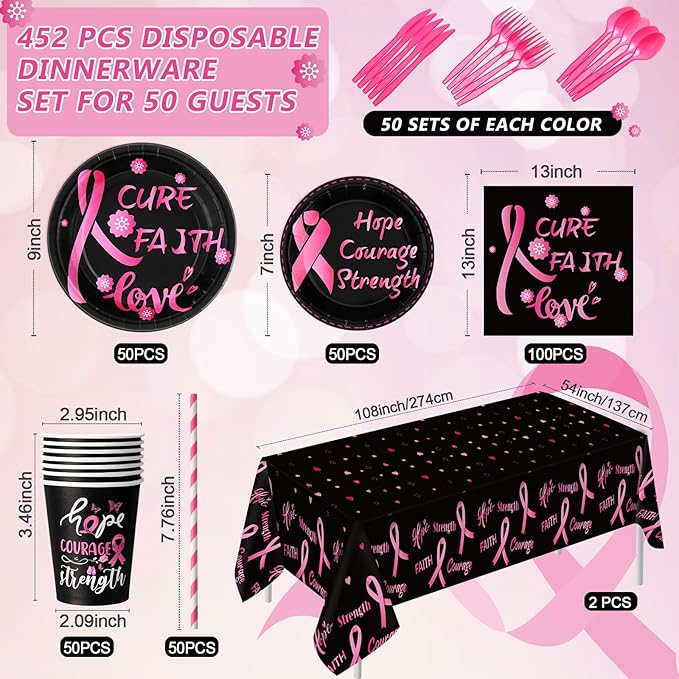 452 Pcs Breast Cancer Awareness Decoration Black Pink Cure Faith Love Paper Plates Napkins Cups Tablecloth Cutlery Straws for Breast Cancer Awareness Month Women Charity Activities Supplies