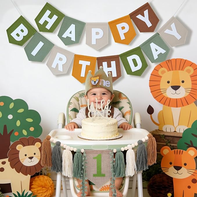DCJHFJ Wild One High Chair Banner Brown Green Felt Happy Birthday Banner Pre-Strung Jungle Safari Birthday Party Decorations For 1st Boy Party Backdrop