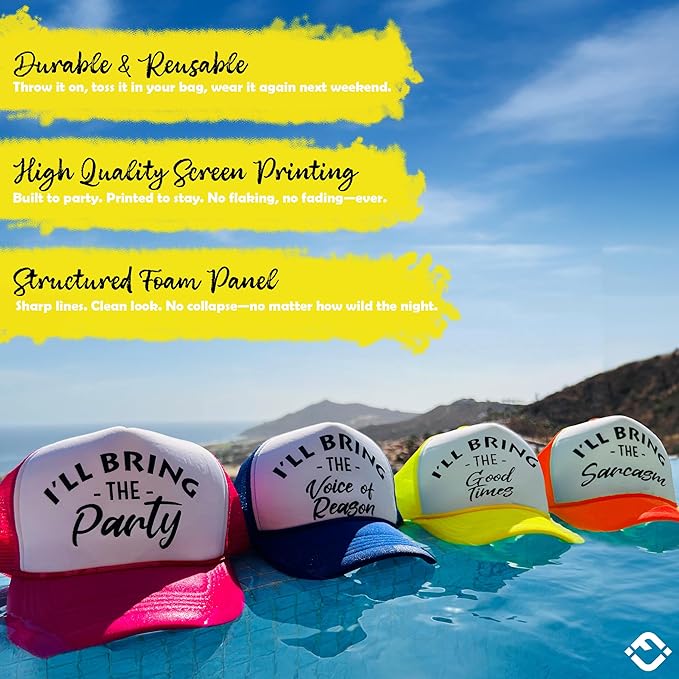 Funky Junque Women's Funny Trucker Hats: Adult Humor for Bachelorette & Girls Trips, Groups 3-25, Mesh Hat - I'll Bring The's