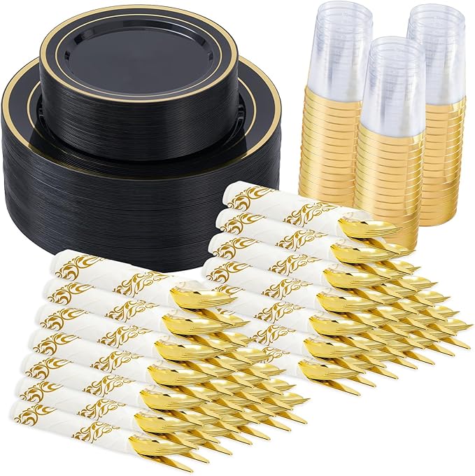 350 Pieces Black & Gold Disposable Plates for 50 Guests, Disposable Plastic Plates, Dinnerware Set of 50 Dinner Plates, 50 Salad Plates,50 Cups and 50 Paper Napkins, for Party, Wedding