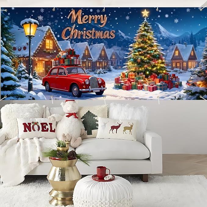 Merry Christmas Garage Door Banner 7x16FT Snowy Village Scene with Car & Tree, Holiday Garage Door Cover for Outdoor Xmas Decorations