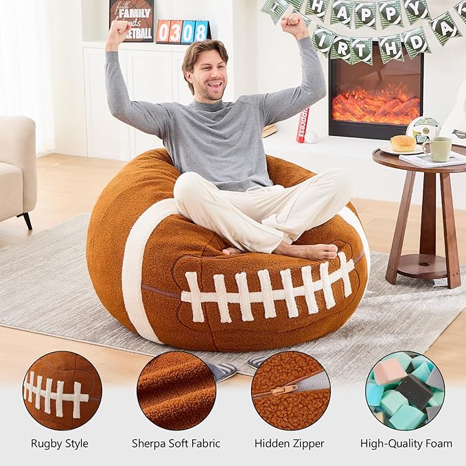 Sports Football Bean Bag Chair – Giant Bean Bag Chairs for Adults and Kids – Filled Plush Lounge Sofa Couch for Living Room, Gaming Room, Office – Perfect for Football Party Decor – 44 Inch
