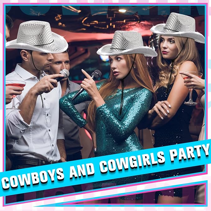 Kigeli 10 Pcs Lights LED Cowboy Cowgirl Hat LED Flashing Hat Cowgirl Hat for Western Cowboy Role Play(Silver,Sequin)