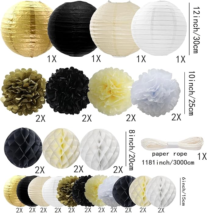 WOLHOWLTD Black Gold White Paper Decoration Set - 40Pcs Paper Lanterns, Pompoms, Honeycomb for Wedding,Retirement, Birthday, Graduation, Engagement,New Year Home Decoration(Gold Black Beige White)