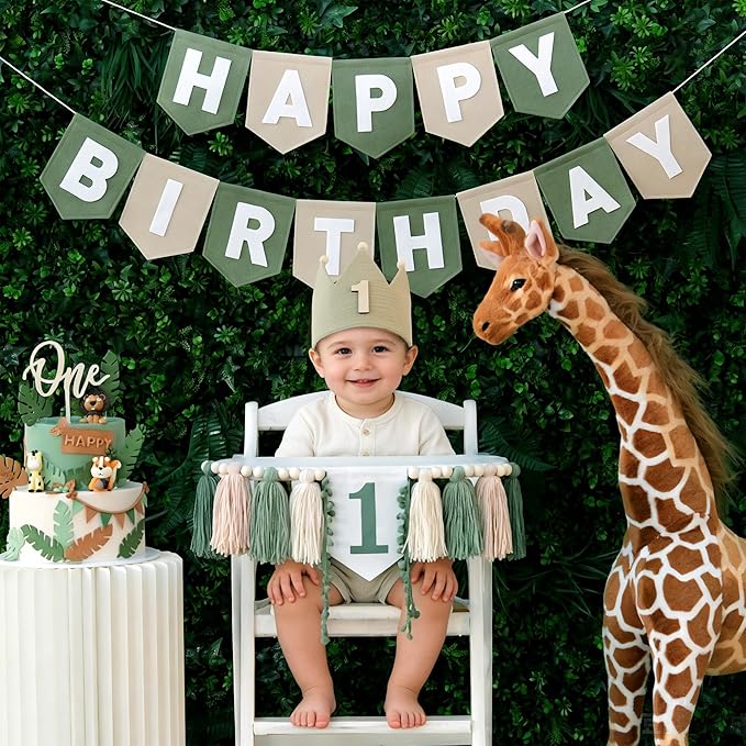 Wild One High Chair Banner Felt Green Happy Birthday Banner Pre-Strung Birthday Party Decorations For Boy 1st Birthday Decoration