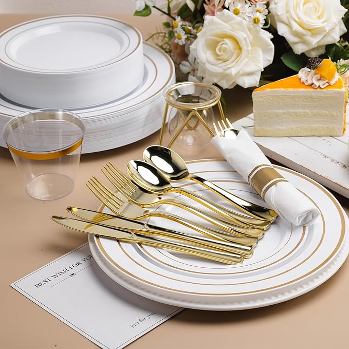 350 PCS White and Gold Plastic Dinnerware Set for 50 Guests, Disposable Party Plate for 50 Guests, Include: 100 Plastic Plates, 50 Pre Rolled Napkins with Gold Silverware, 50 Cups