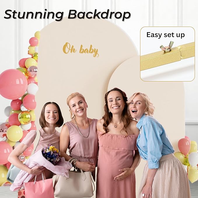 7.2 FT Wedding Arch Backdrop Stand and Cover Set | Metal Backdrop Arch Stand, Balloon Stand, Water Bags | Party, Bridal Show, Birthday, Baby Shower Decorations (Beige Cover)